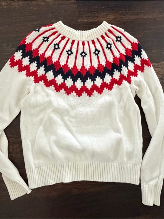 J. Crew Sweaters - J. Crew White Crewneck Sweater with Red & Navy Fair Isle Yoke